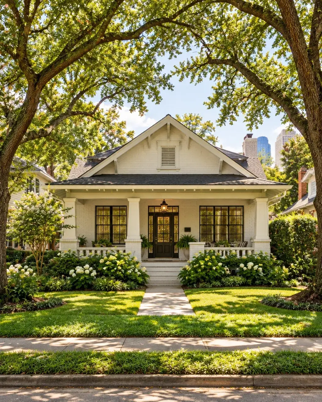 Historic white bungalow beneath mature trees in Montrose