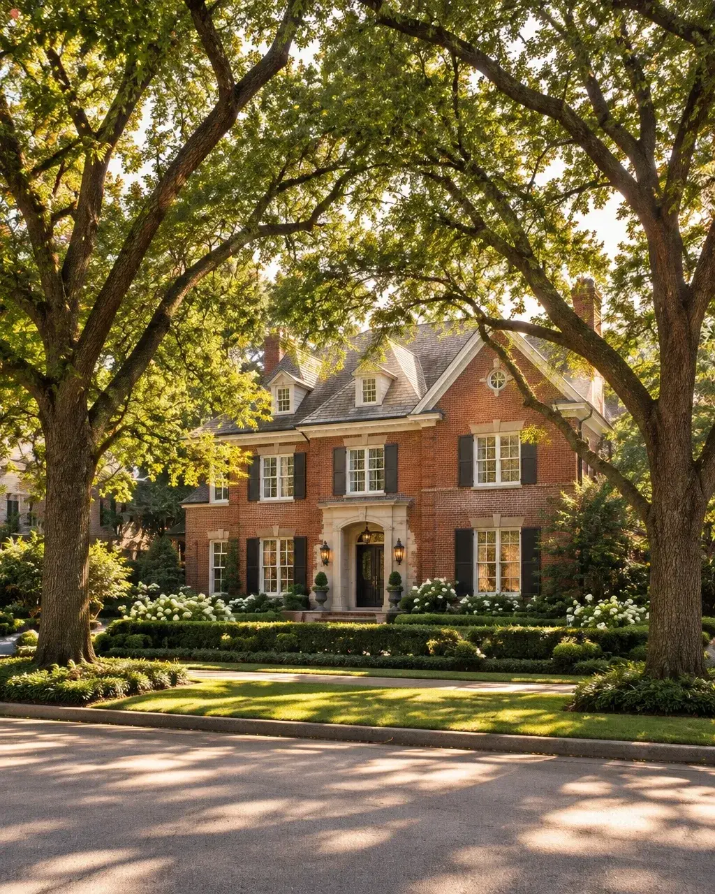Traditional brick home framed by mature trees in River Oaks